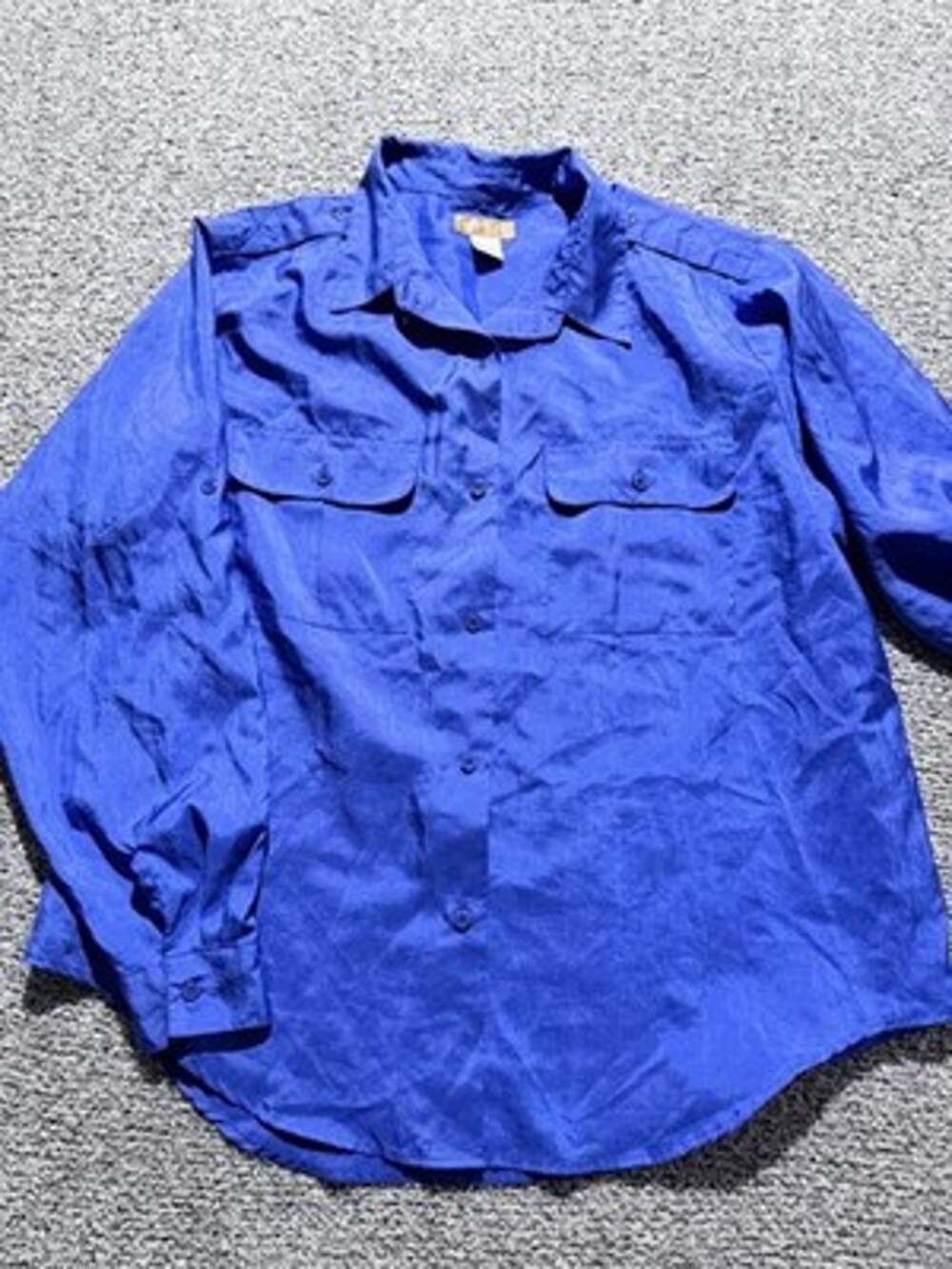 Vtg Women’s Robinsons Blue Utility Blouse Safari Epaulet Silk-Look Polyester L